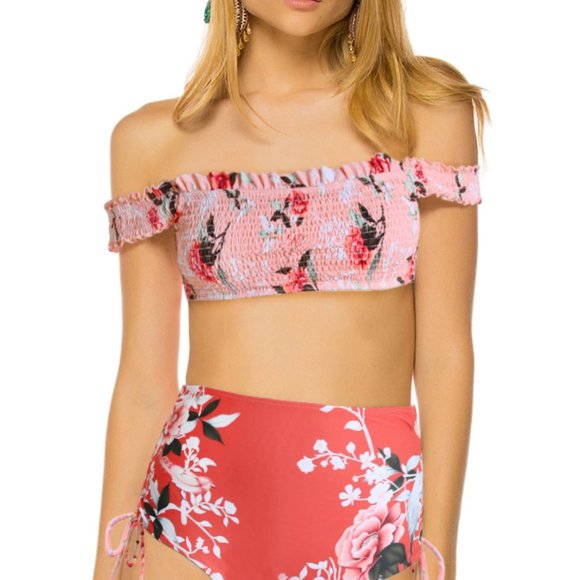 New Womens Pink Off-the-shoulder Printed Smocked High Waist Bikini - Picture 7 of 10